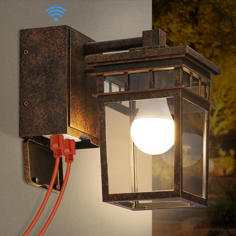 FANDBO Porch Light with GFCI Outlet, Dusk to Dawn Outdoor Lighting with Aluminum Frame and Clear Glass Shade, Waterproof Wall Sconce Outside Lights for House Garage Front Door, Bulb Included(Antique Bronze) - Image 1